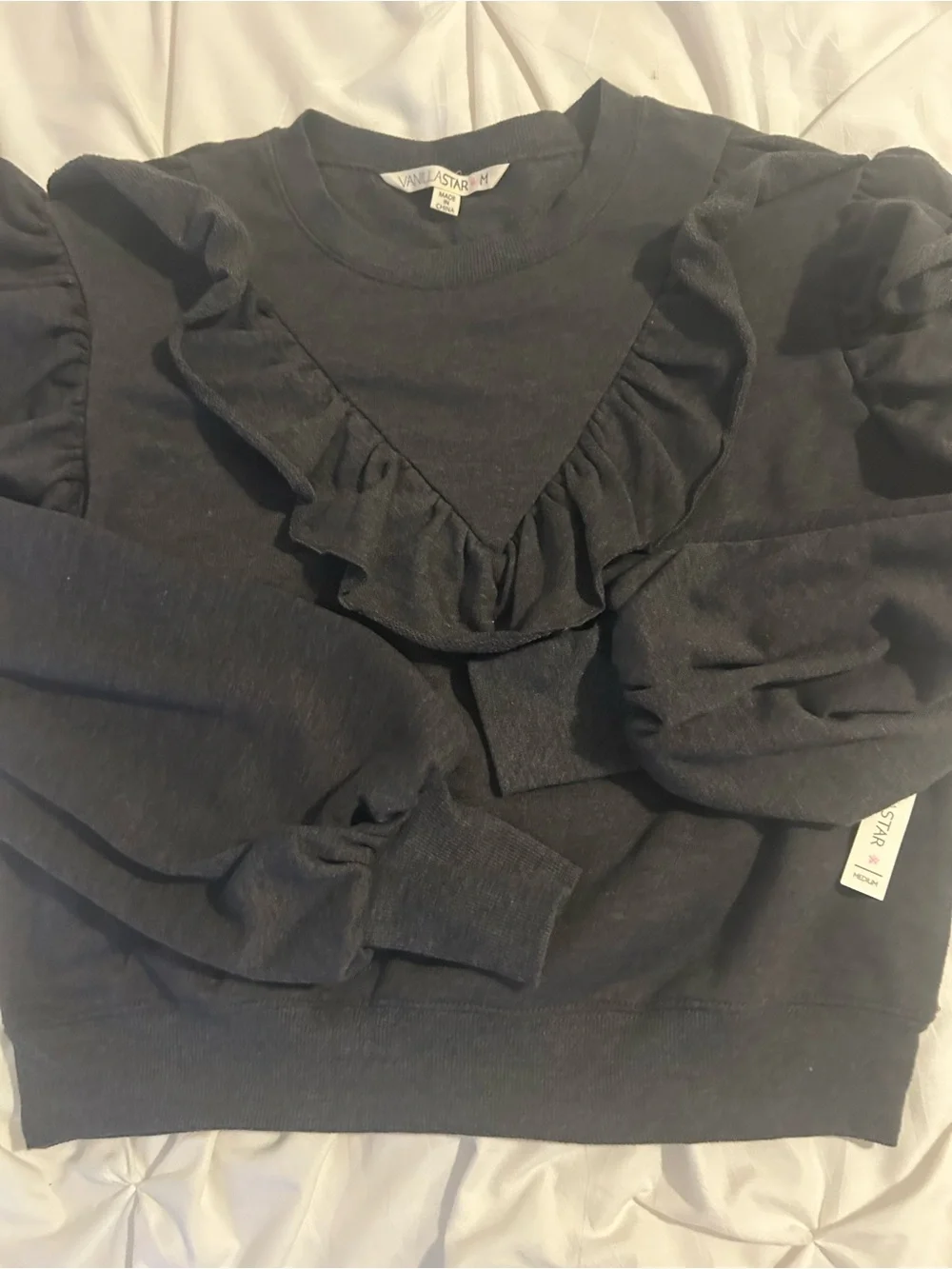 Vanilla Star Black Ruffle-Sleeve Crewneck Sweater NWT